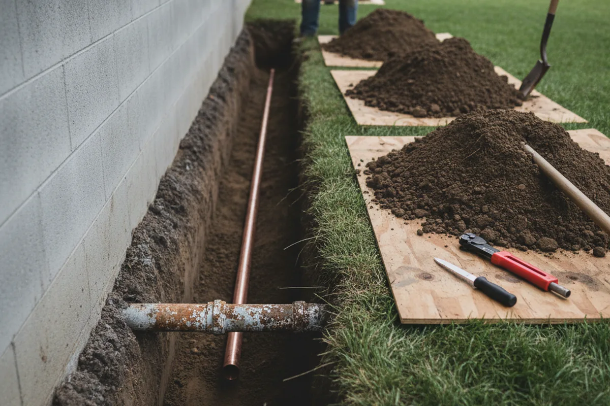 Excavated water line trench during Water Softener Installation in Danielson